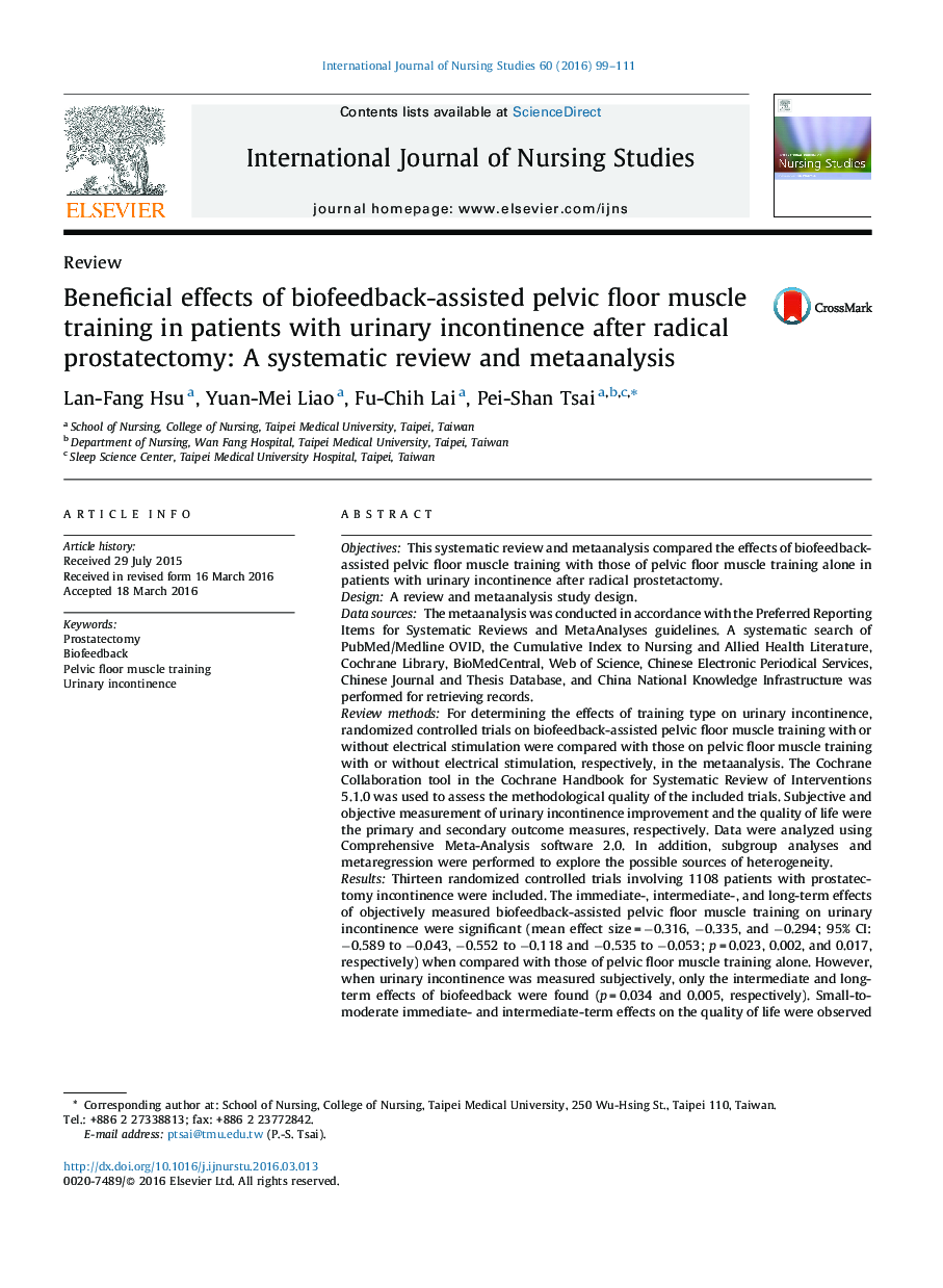 Beneficial effects of biofeedback-assisted pelvic floor muscle training in patients with urinary incontinence after radical prostatectomy: A systematic review and metaanalysis