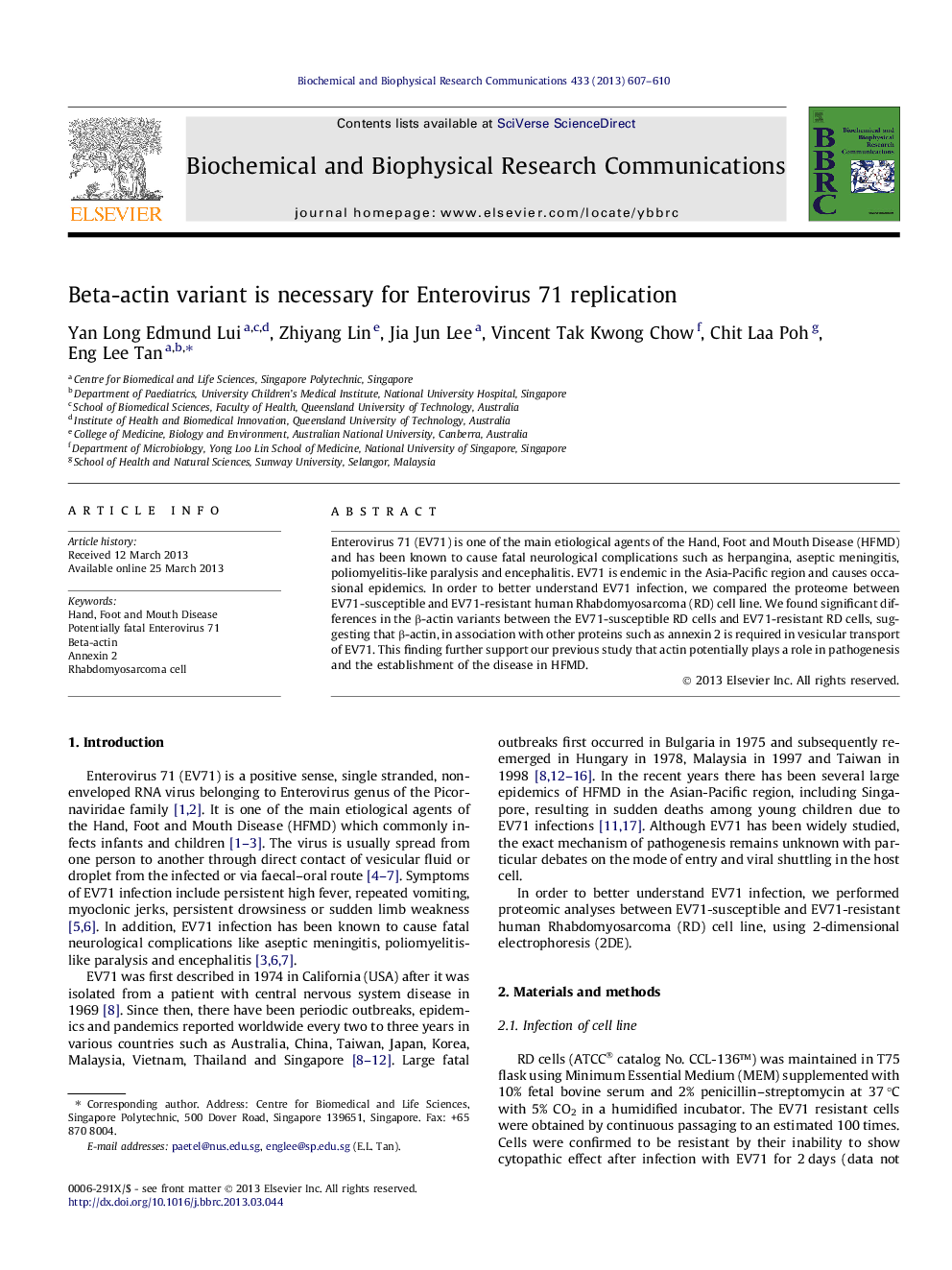 Beta-actin variant is necessary for Enterovirus 71 replication