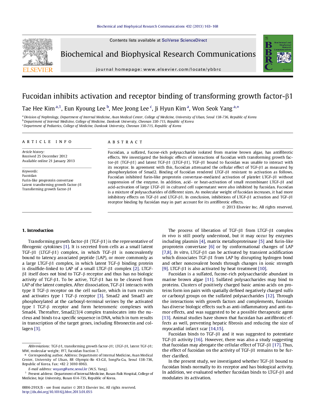 Fucoidan inhibits activation and receptor binding of transforming growth factor-Î²1