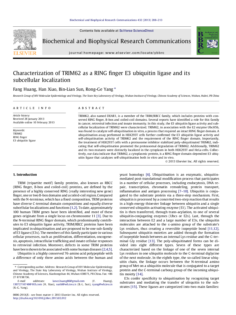 Characterization of TRIM62 as a RING finger E3 ubiquitin ligase and its subcellular localization