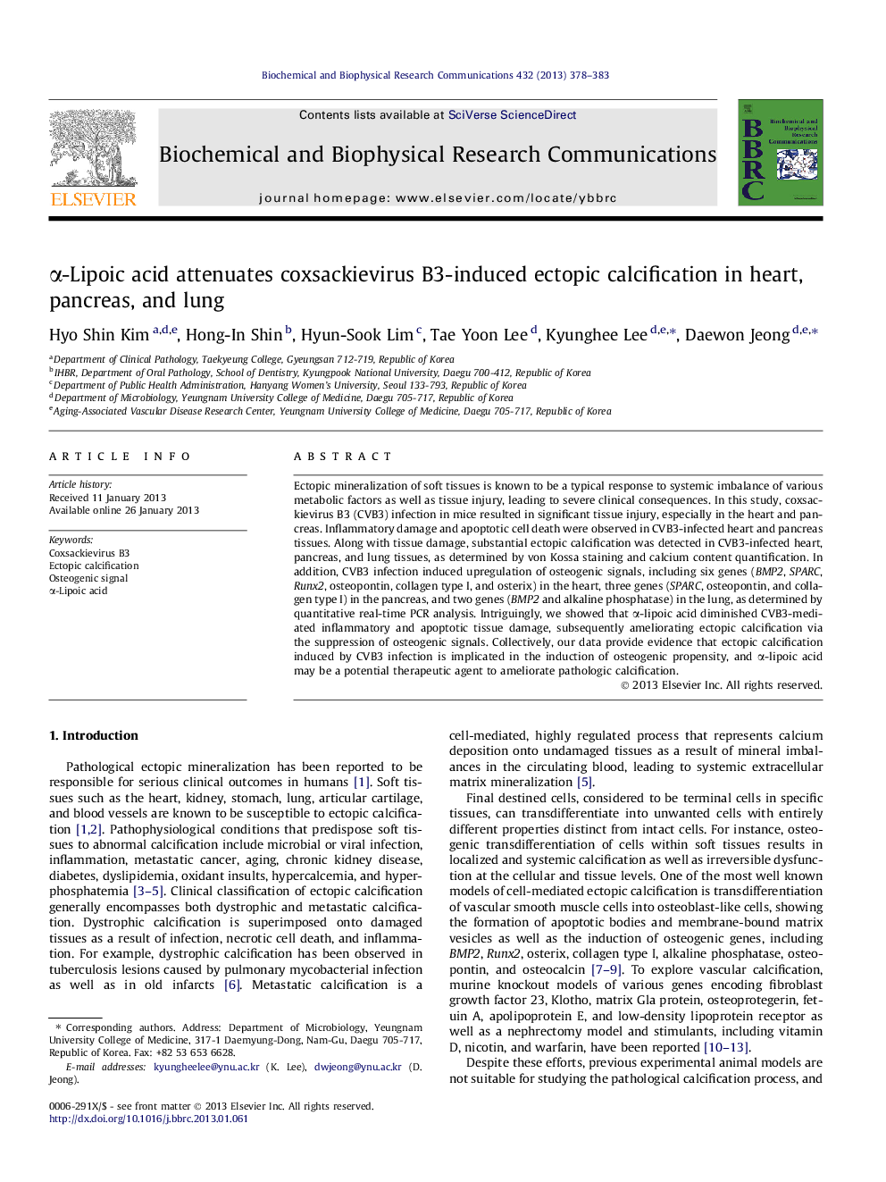 Î±-Lipoic acid attenuates coxsackievirus B3-induced ectopic calcification in heart, pancreas, and lung