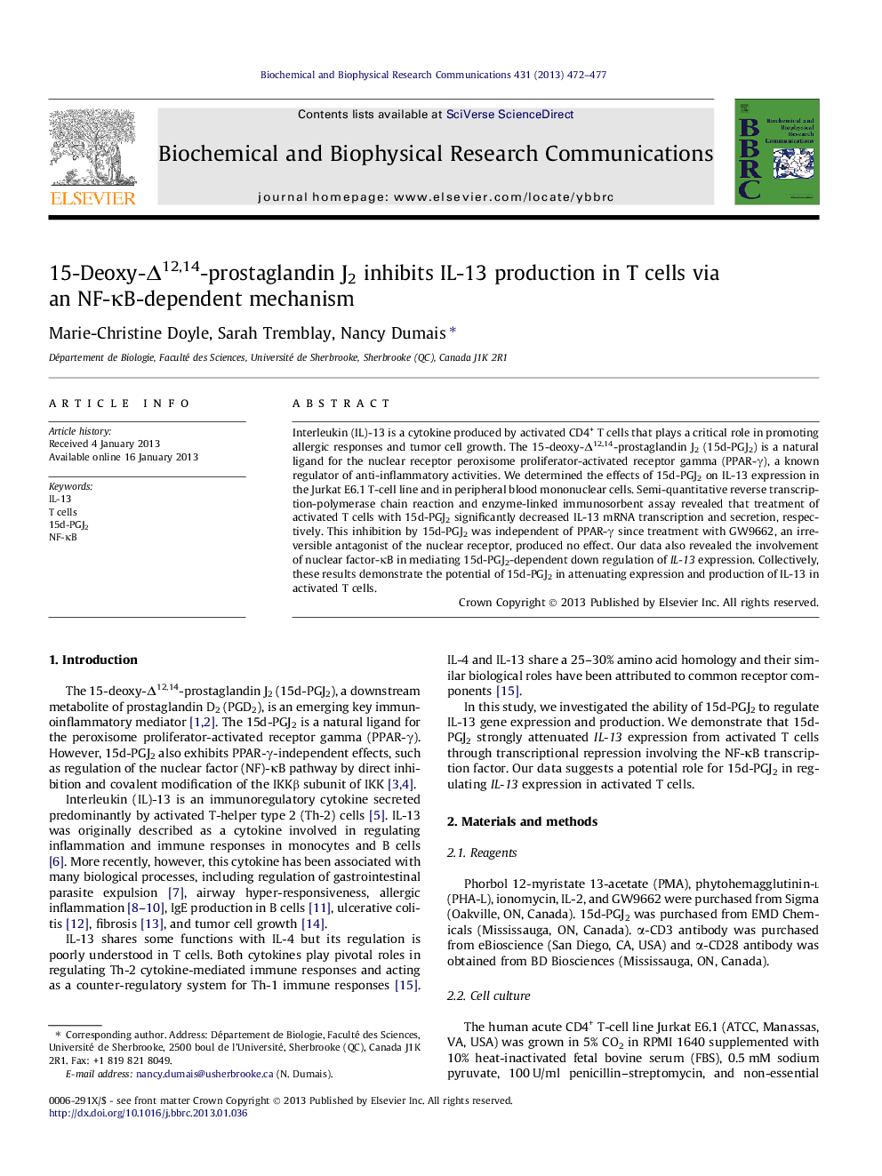 15-Deoxy-Î12,14-prostaglandin J2 inhibits IL-13 production in T cells via an NF-ÎºB-dependent mechanism