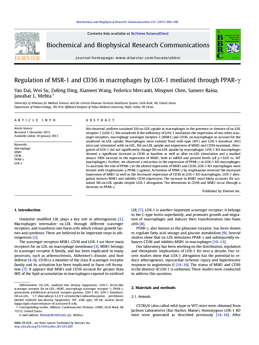 Regulation of MSR-1 and CD36 in macrophages by LOX-1 mediated through PPAR-Î³