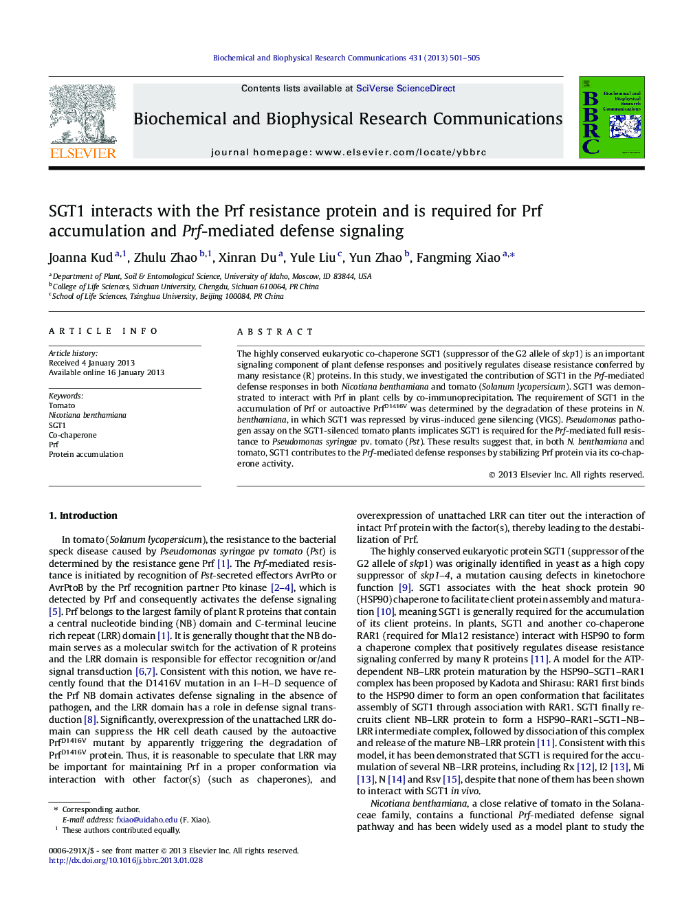 SGT1 interacts with the Prf resistance protein and is required for Prf accumulation and Prf-mediated defense signaling