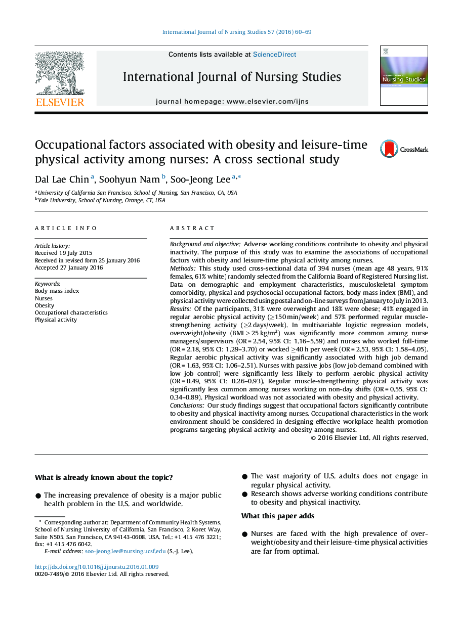 Occupational factors associated with obesity and leisure-time physical activity among nurses: A cross sectional study