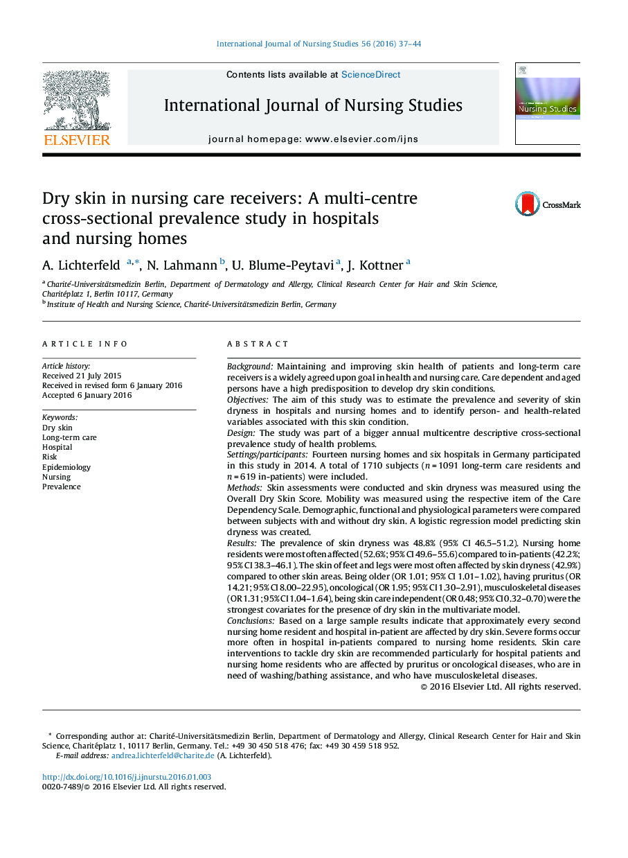 Dry skin in nursing care receivers: A multi-centre cross-sectional prevalence study in hospitals and nursing homes