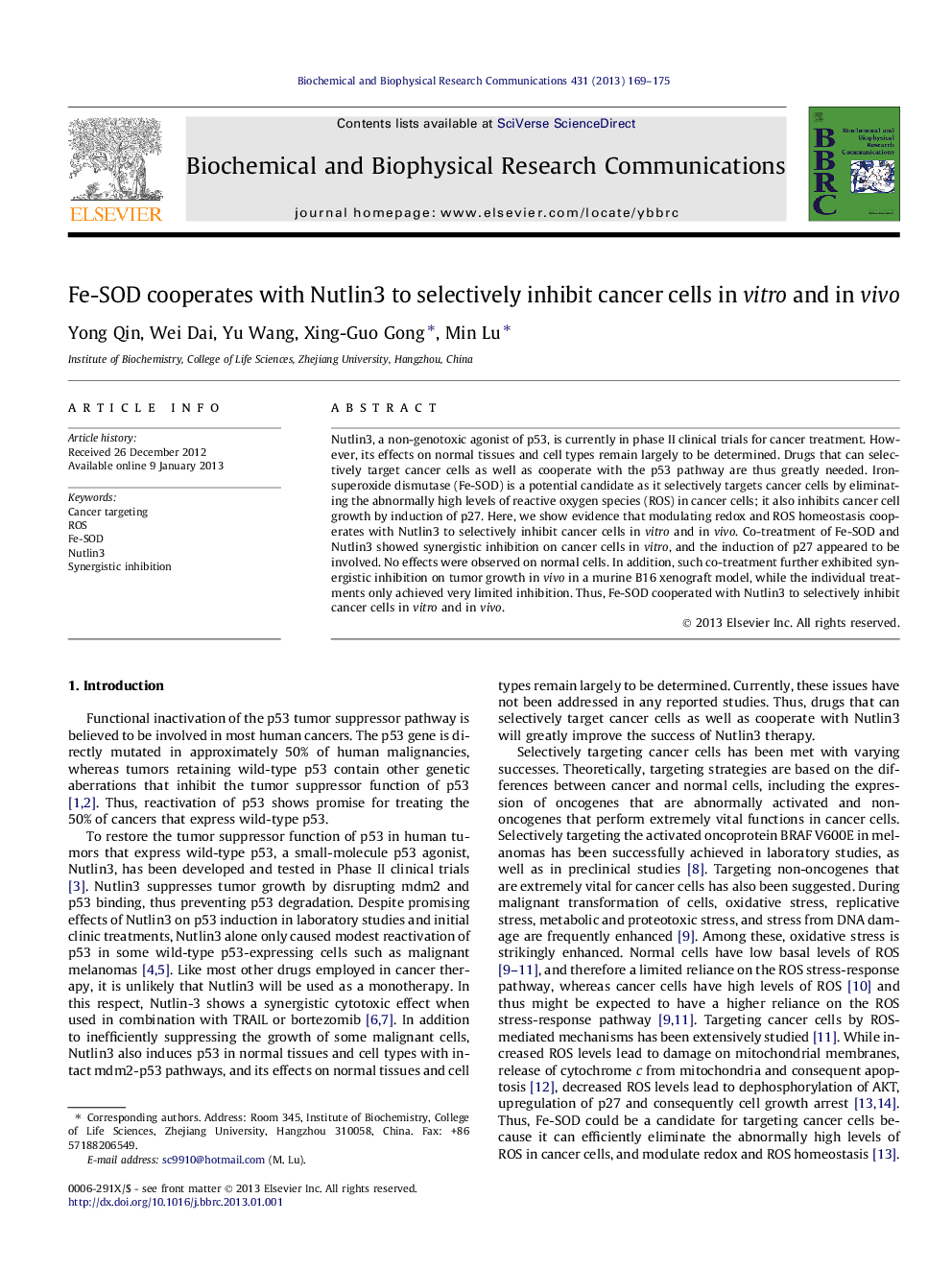 Fe-SOD cooperates with Nutlin3 to selectively inhibit cancer cells in vitro and in vivo