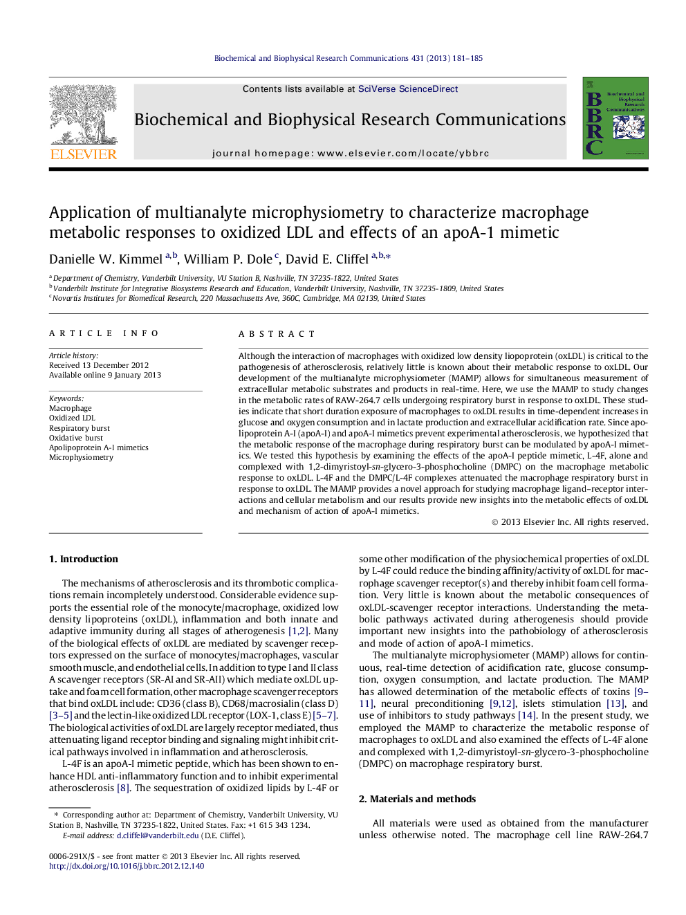 Application of multianalyte microphysiometry to characterize macrophage metabolic responses to oxidized LDL and effects of an apoA-1 mimetic