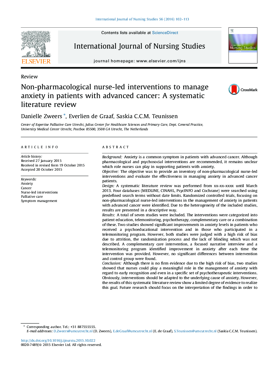 Non-pharmacological nurse-led interventions to manage anxiety in patients with advanced cancer: A systematic literature review