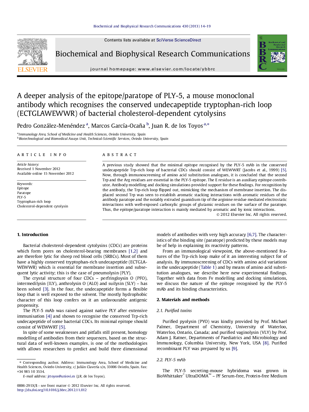 A deeper analysis of the epitope/paratope of PLY-5, a mouse monoclonal antibody which recognises the conserved undecapeptide tryptophan-rich loop (ECTGLAWEWWR) of bacterial cholesterol-dependent cytolysins