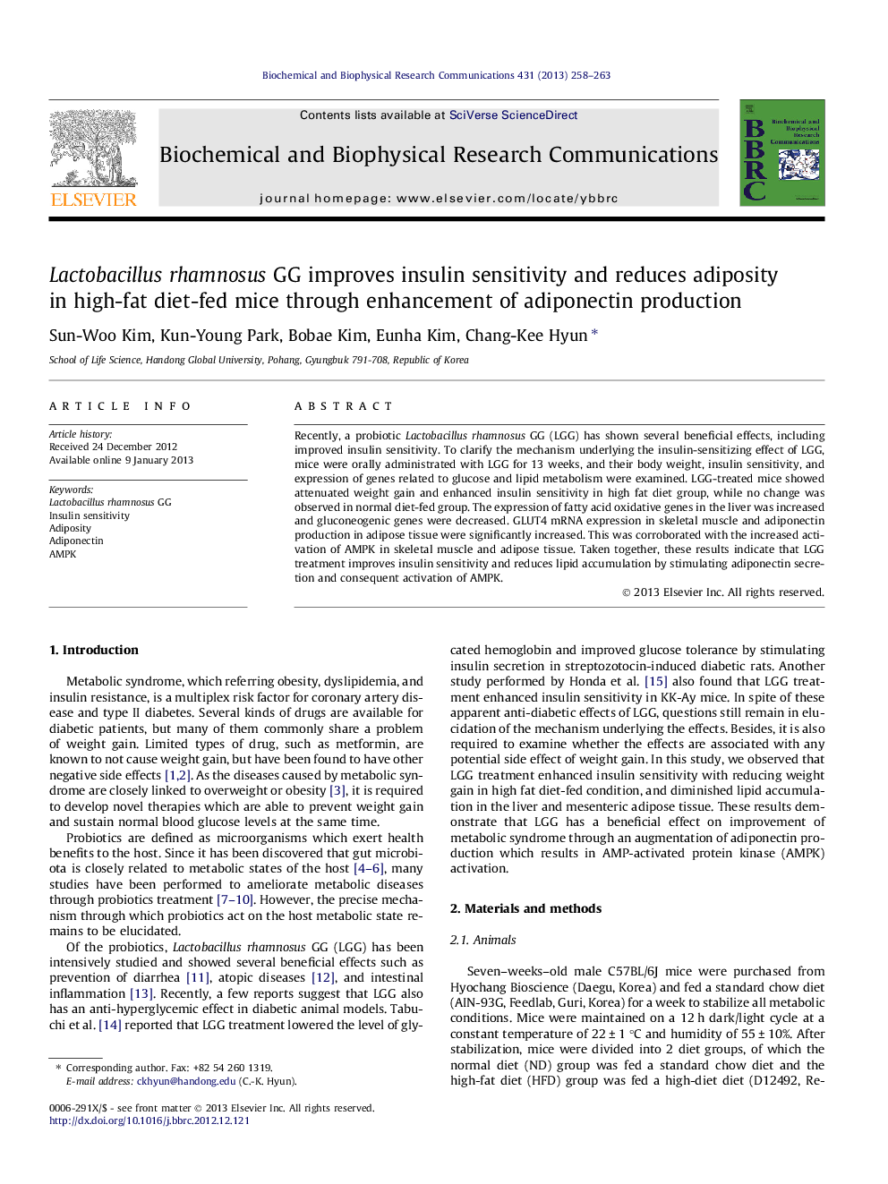 Lactobacillus rhamnosus GG improves insulin sensitivity and reduces adiposity in high-fat diet-fed mice through enhancement of adiponectin production