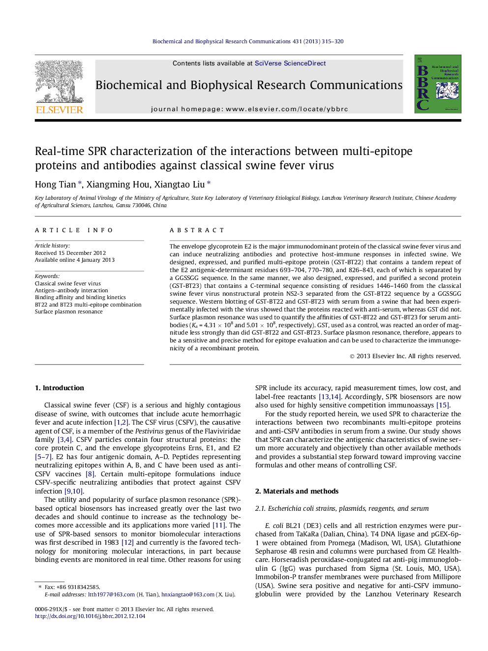 Real-time SPR characterization of the interactions between multi-epitope proteins and antibodies against classical swine fever virus