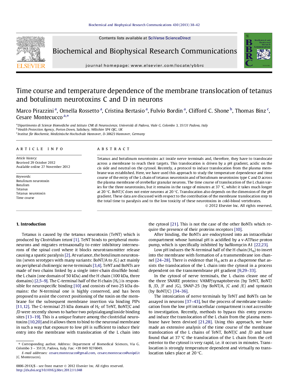 Time course and temperature dependence of the membrane translocation of tetanus and botulinum neurotoxins C and D in neurons