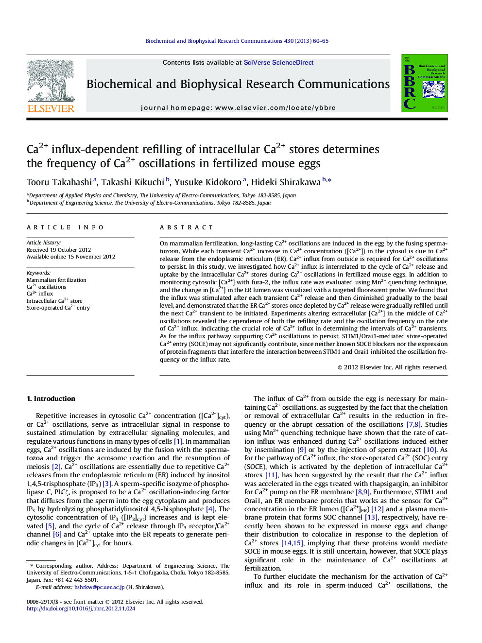 Ca2+ influx-dependent refilling of intracellular Ca2+ stores determines the frequency of Ca2+ oscillations in fertilized mouse eggs