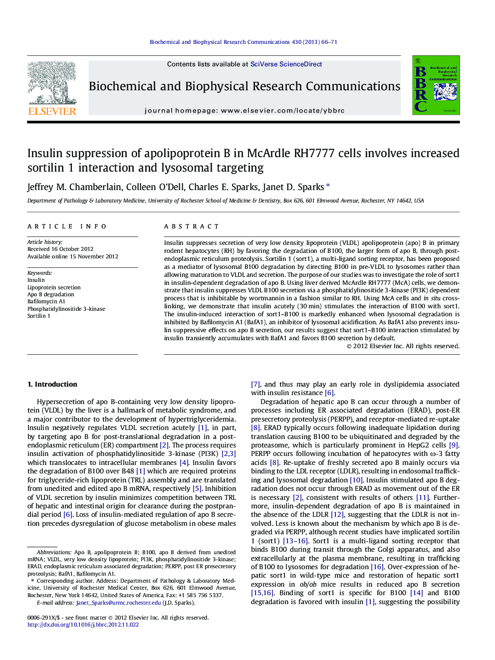 Insulin suppression of apolipoprotein B in McArdle RH7777 cells involves increased sortilin 1 interaction and lysosomal targeting