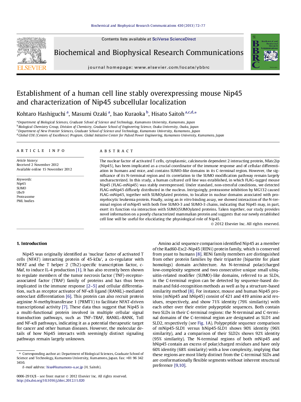 Establishment of a human cell line stably overexpressing mouse Nip45 and characterization of Nip45 subcellular localization