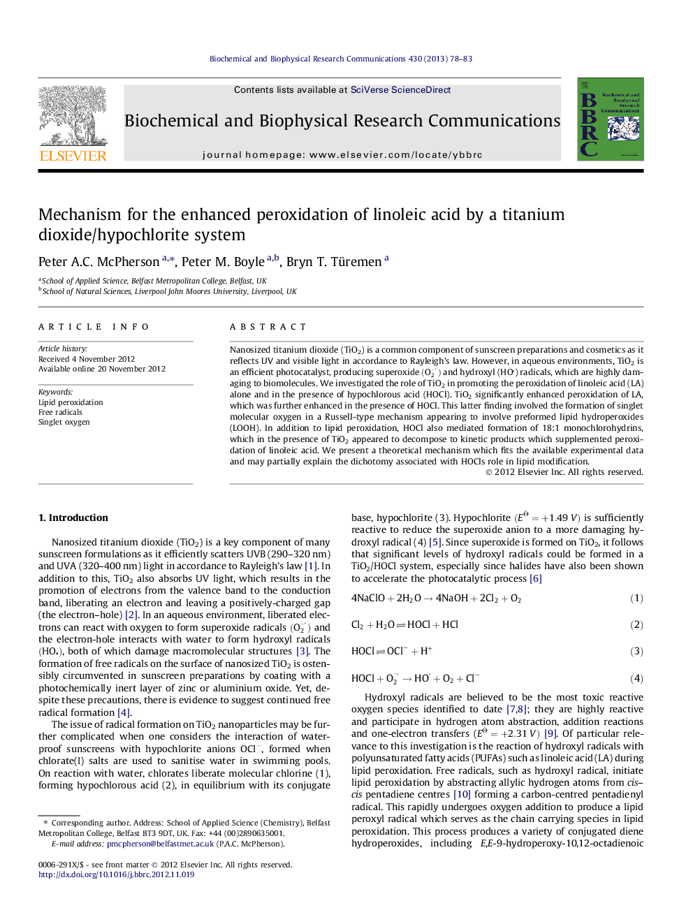 Mechanism for the enhanced peroxidation of linoleic acid by a titanium dioxide/hypochlorite system