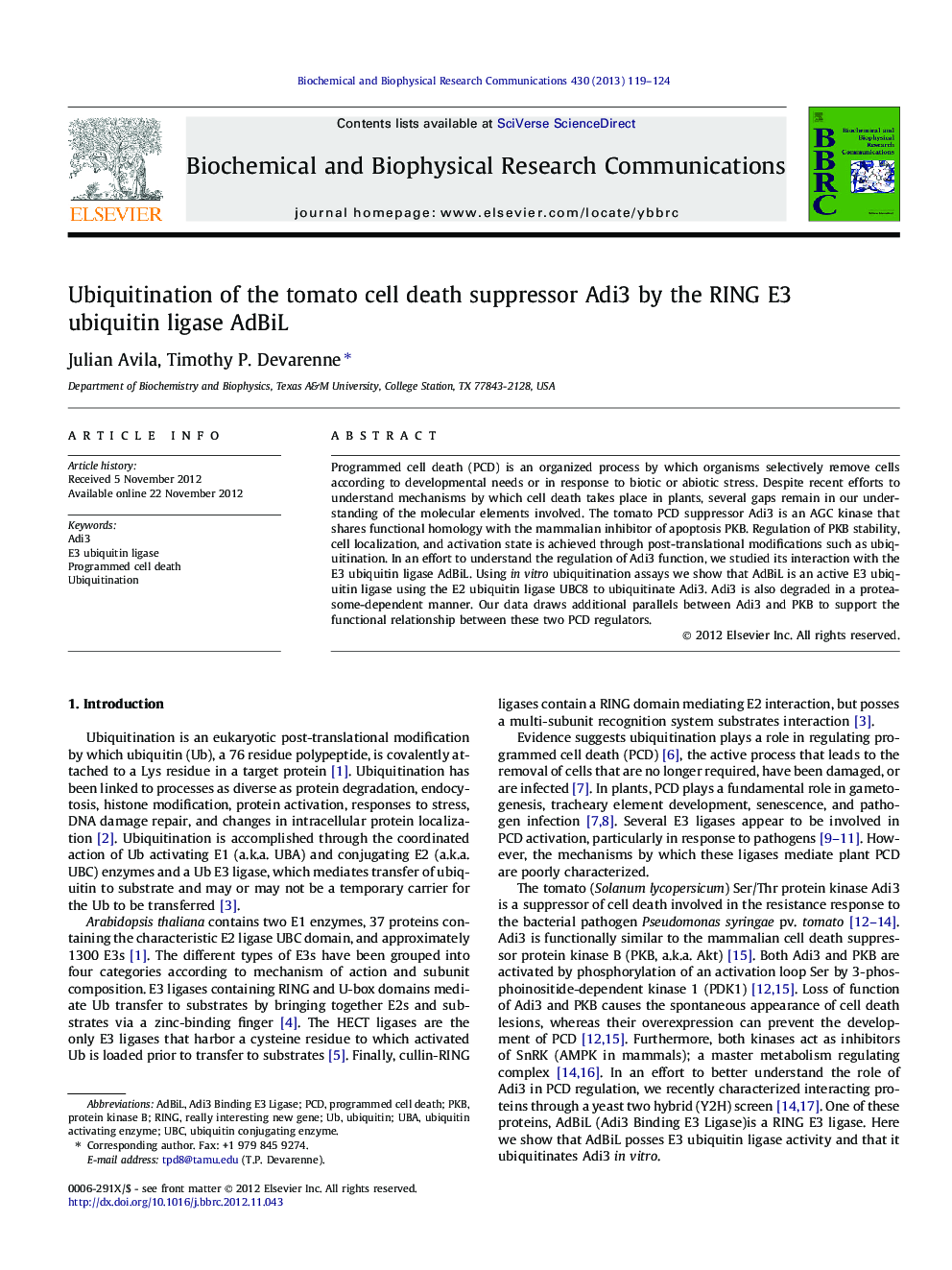 Ubiquitination of the tomato cell death suppressor Adi3 by the RING E3 ubiquitin ligase AdBiL