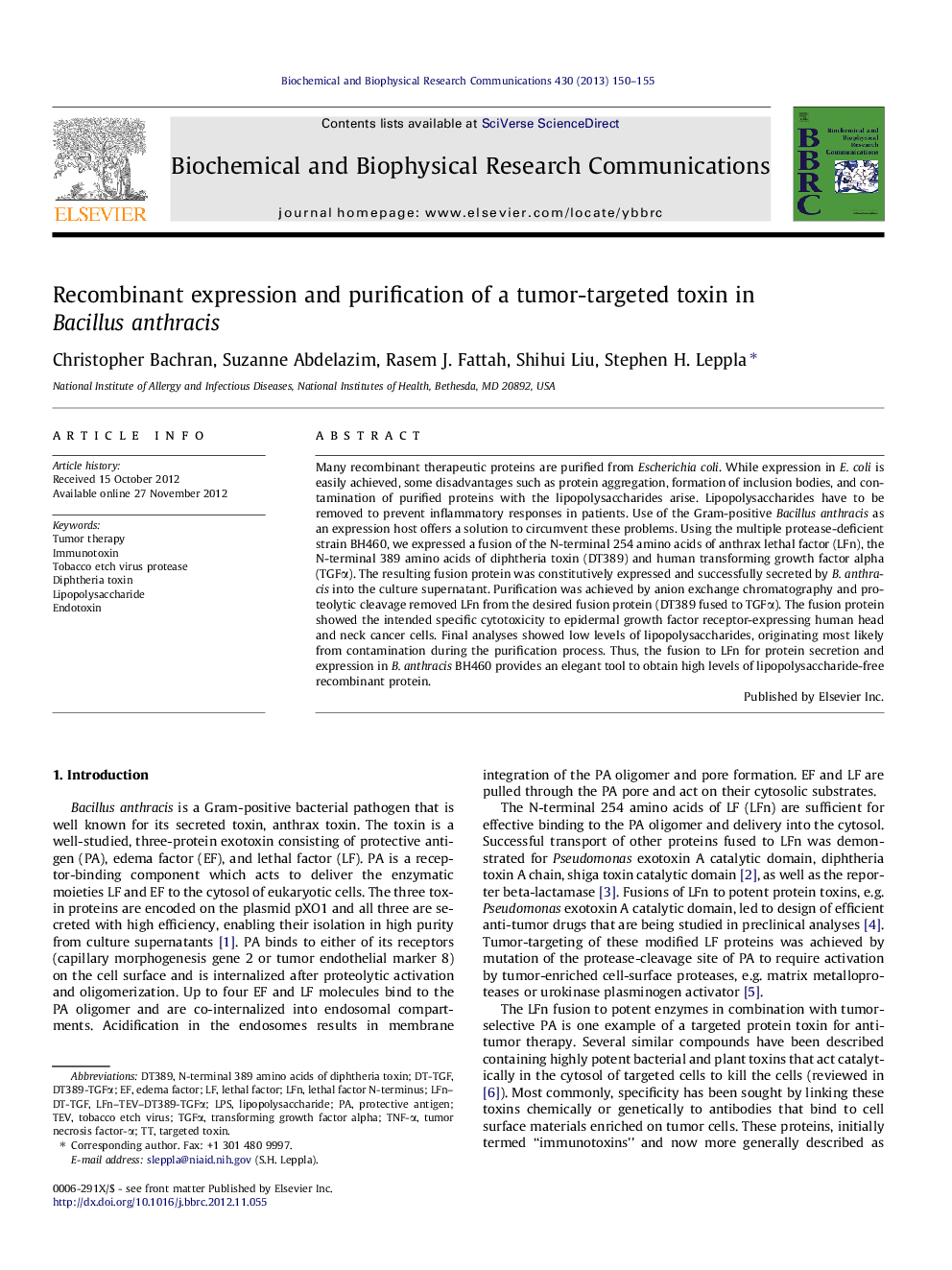 Recombinant expression and purification of a tumor-targeted toxin in Bacillus anthracis