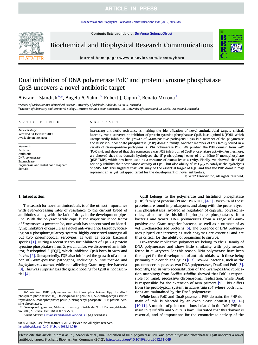 Dual inhibition of DNA polymerase PolC and protein tyrosine phosphatase CpsB uncovers a novel antibiotic target