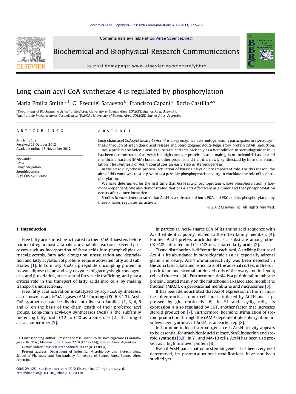 Long-chain acyl-CoA synthetase 4 is regulated by phosphorylation