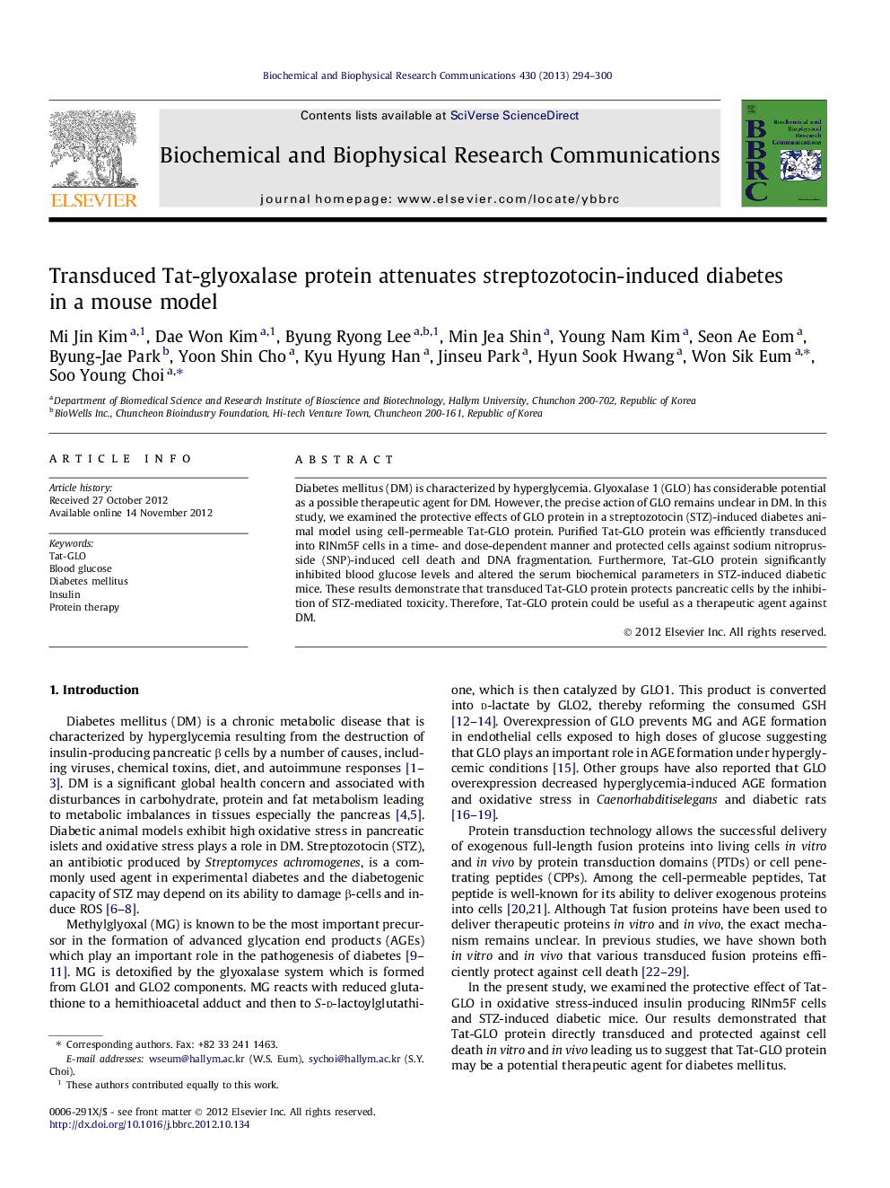 Transduced Tat-glyoxalase protein attenuates streptozotocin-induced diabetes in a mouse model