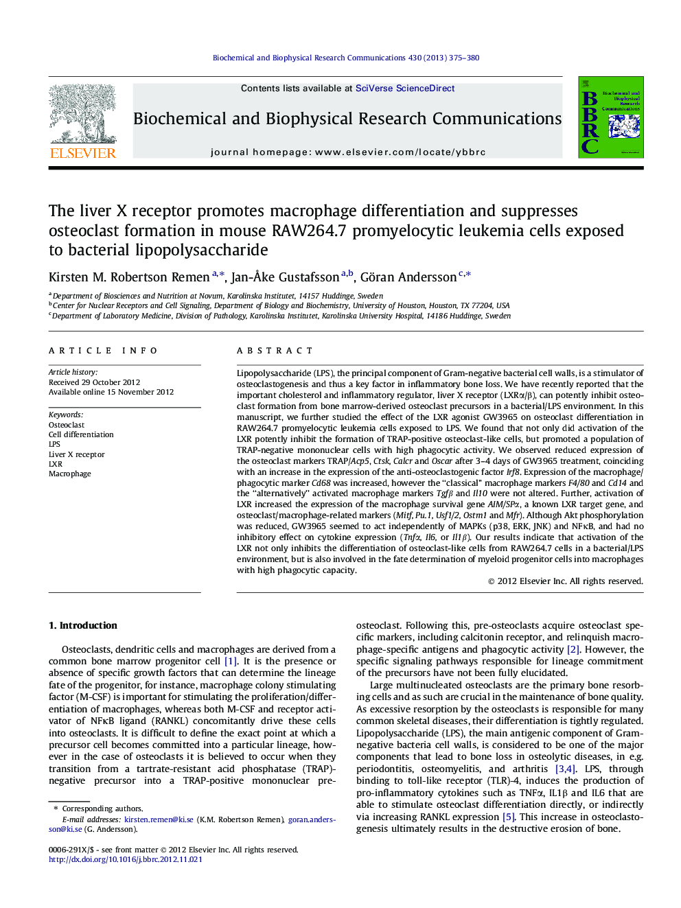 The liver X receptor promotes macrophage differentiation and suppresses osteoclast formation in mouse RAW264.7 promyelocytic leukemia cells exposed to bacterial lipopolysaccharide