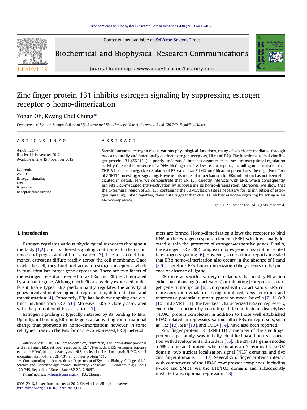 Zinc finger protein 131 inhibits estrogen signaling by suppressing estrogen receptor Î± homo-dimerization