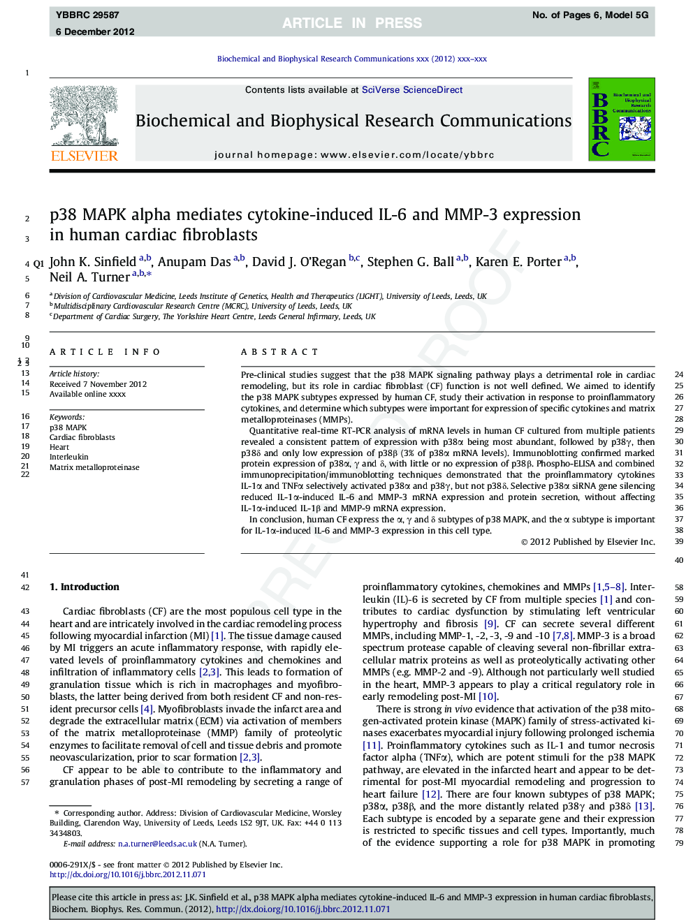 p38 MAPK alpha mediates cytokine-induced IL-6 and MMP-3 expression in human cardiac fibroblasts