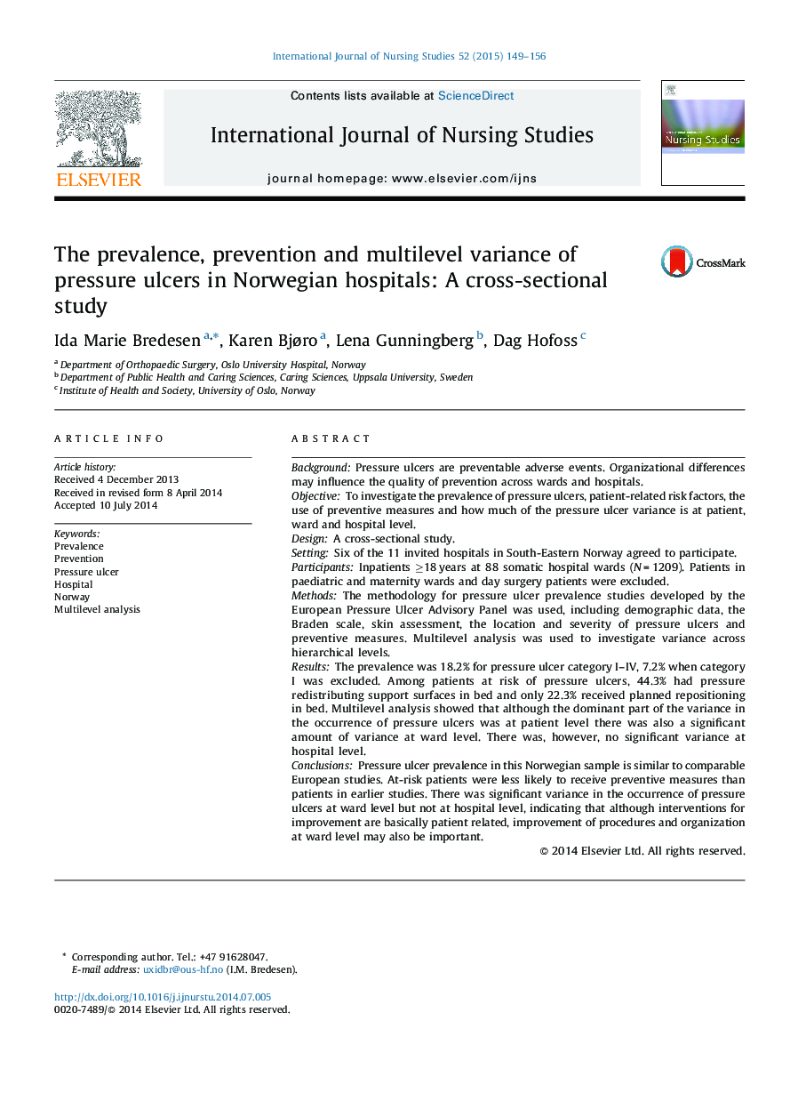 شیوع، پیشگیری و واریانس چندسطحی زخم های بستر در بیمارستان های نروژی: یک مطالعه مقطعی