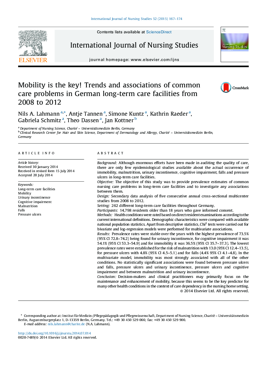 Mobility is the key! Trends and associations of common care problems in German long-term care facilities from 2008 to 2012