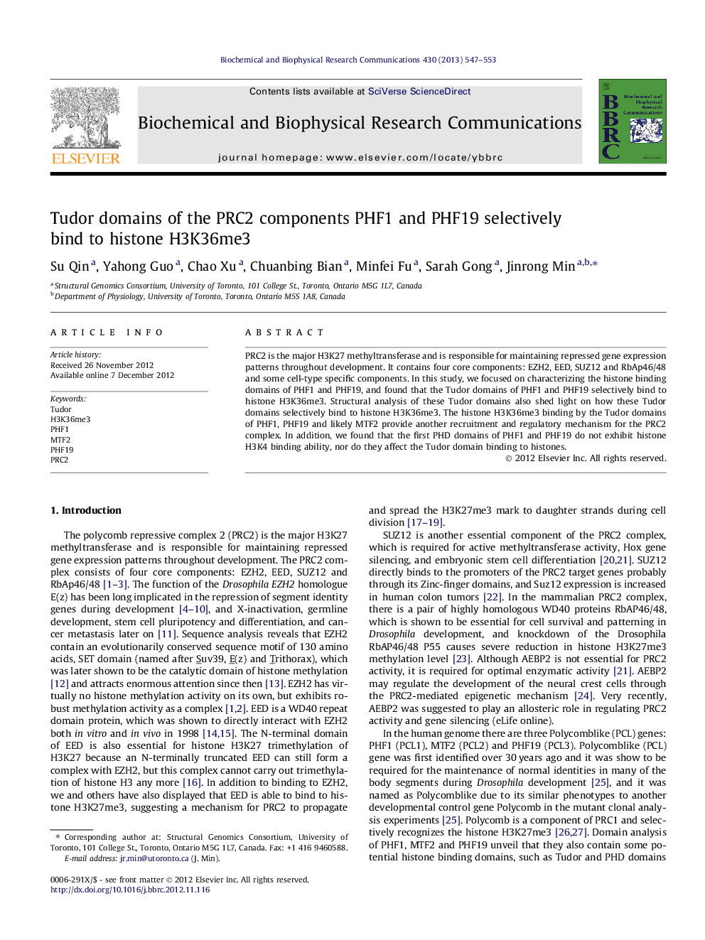 Tudor domains of the PRC2 components PHF1 and PHF19 selectively bind to histone H3K36me3