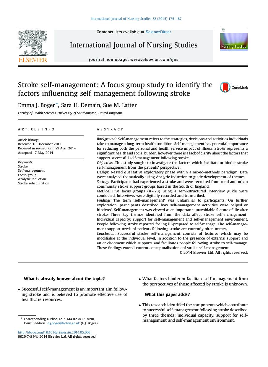 Stroke self-management: A focus group study to identify the factors influencing self-management following stroke