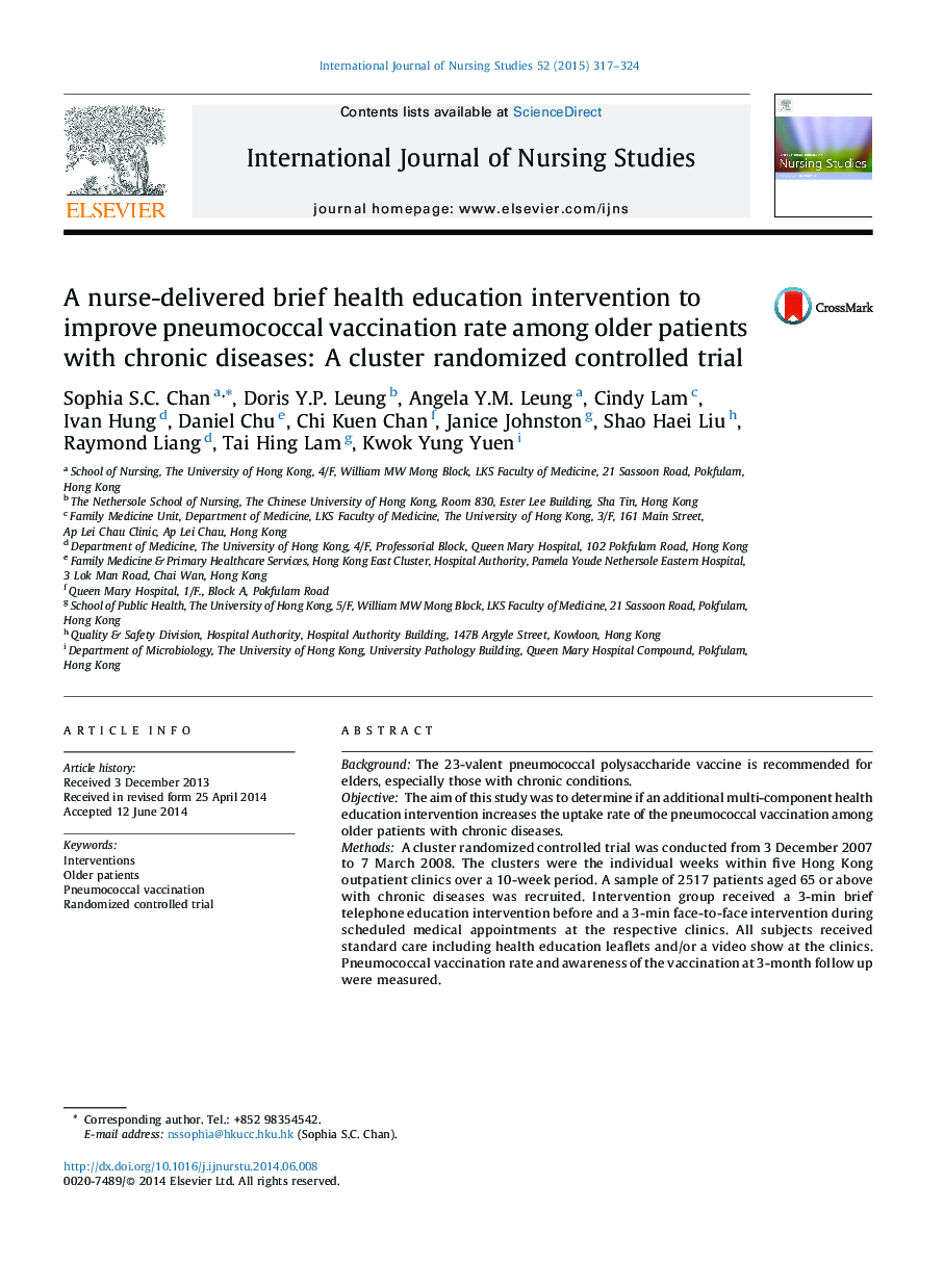 A nurse-delivered brief health education intervention to improve pneumococcal vaccination rate among older patients with chronic diseases: A cluster randomized controlled trial