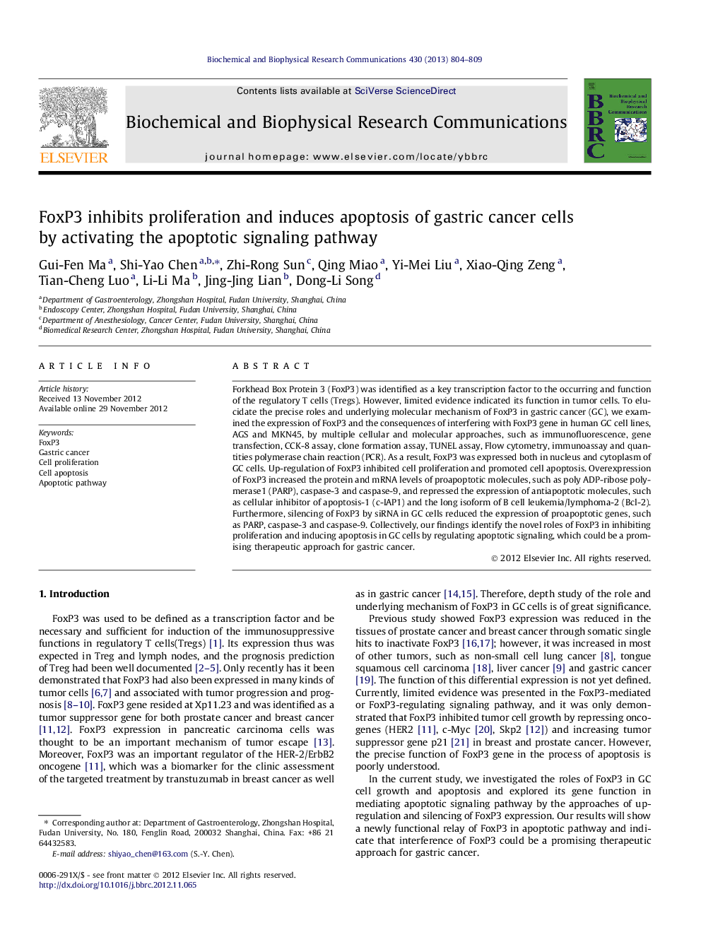 FoxP3 inhibits proliferation and induces apoptosis of gastric cancer cells by activating the apoptotic signaling pathway