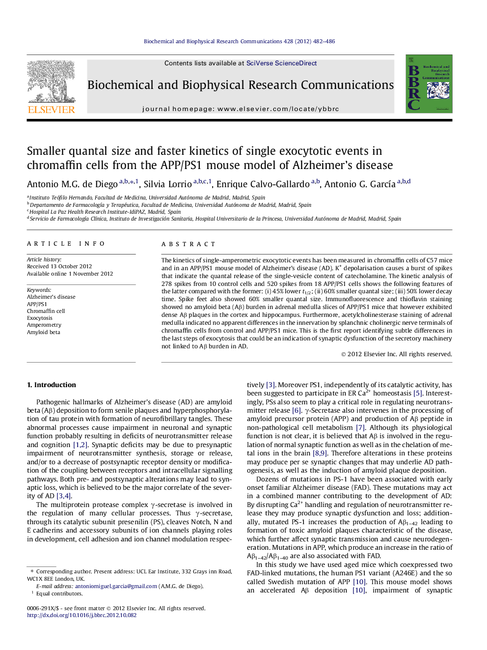 Smaller quantal size and faster kinetics of single exocytotic events in chromaffin cells from the APP/PS1 mouse model of Alzheimer's disease