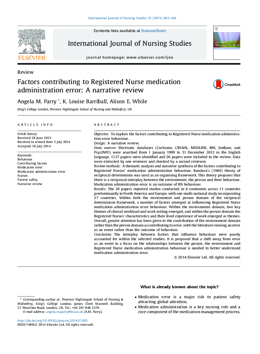 Factors contributing to Registered Nurse medication administration error: A narrative review