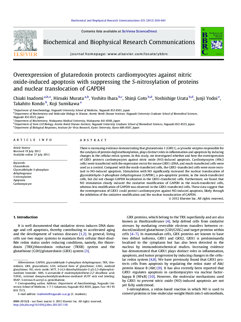 Overexpression of glutaredoxin protects cardiomyocytes against nitric oxide-induced apoptosis with suppressing the S-nitrosylation of proteins and nuclear translocation of GAPDH