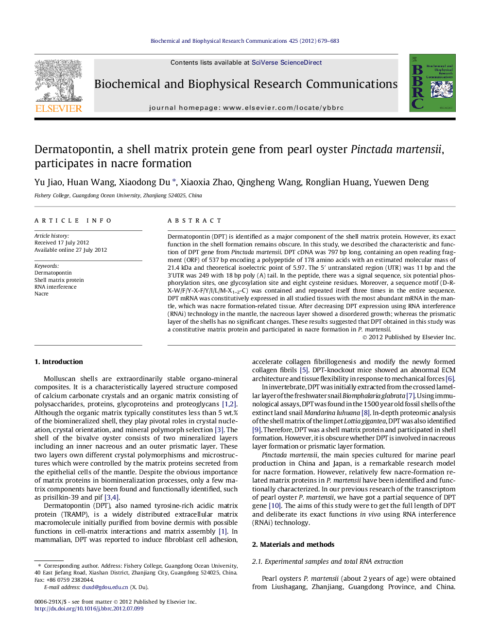 Dermatopontin, a shell matrix protein gene from pearl oyster Pinctada martensii, participates in nacre formation