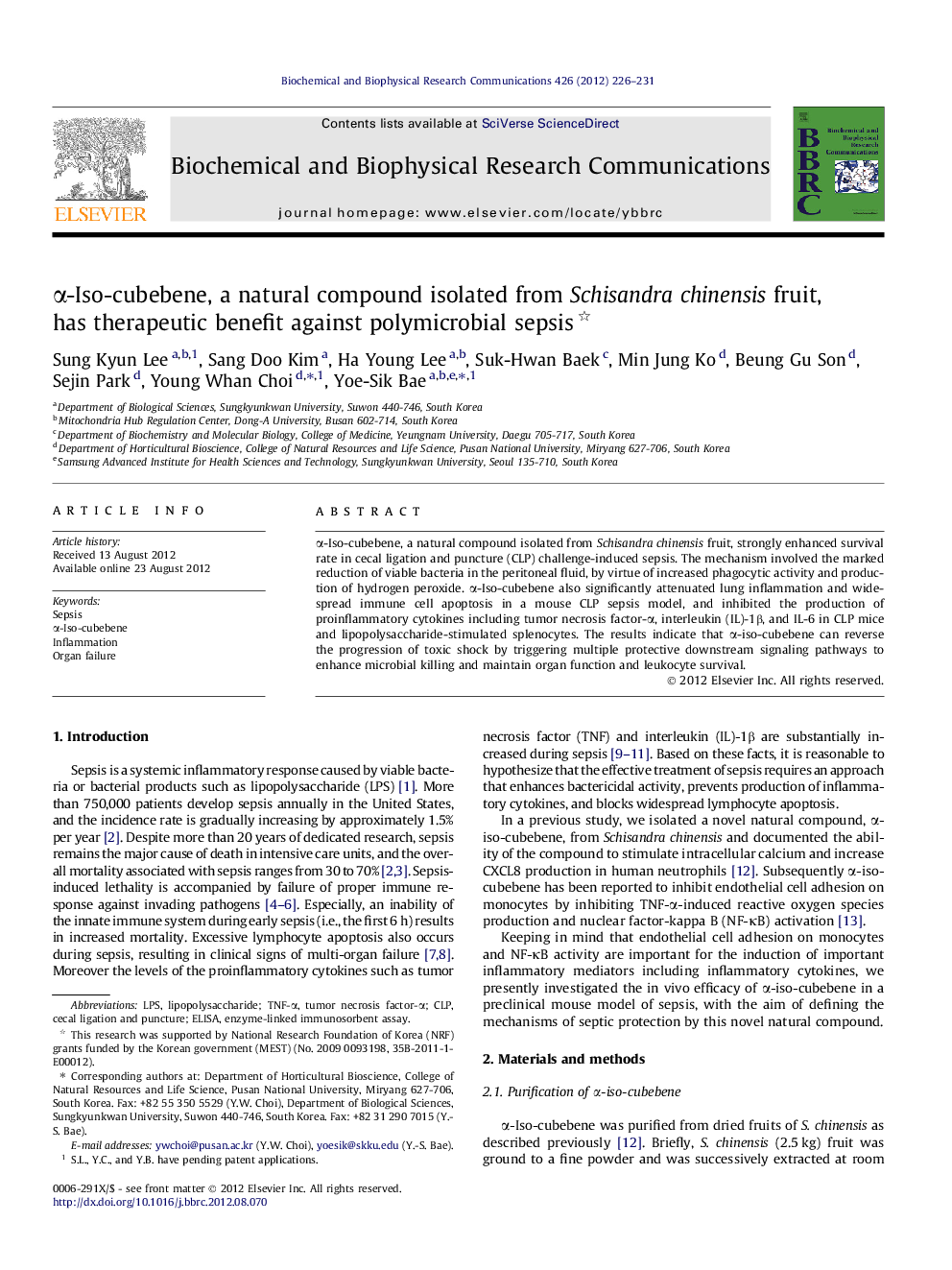 Î±-Iso-cubebene, a natural compound isolated from Schisandra chinensis fruit, has therapeutic benefit against polymicrobial sepsis