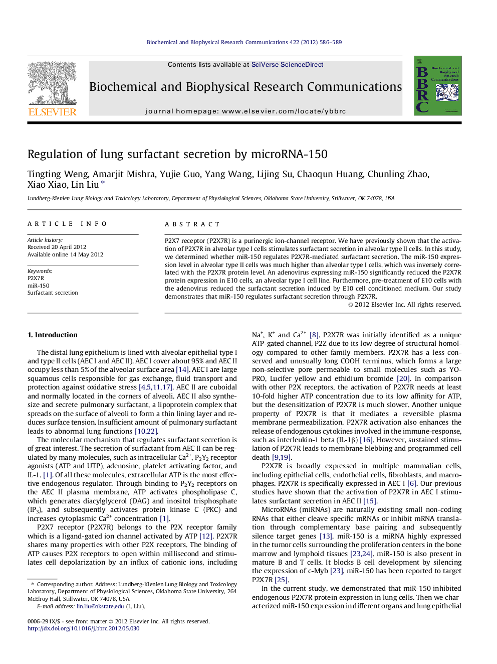 Regulation of lung surfactant secretion by microRNA-150