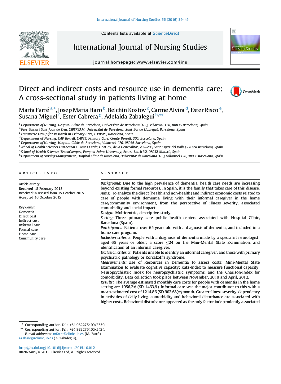 Direct and indirect costs and resource use in dementia care: A cross-sectional study in patients living at home