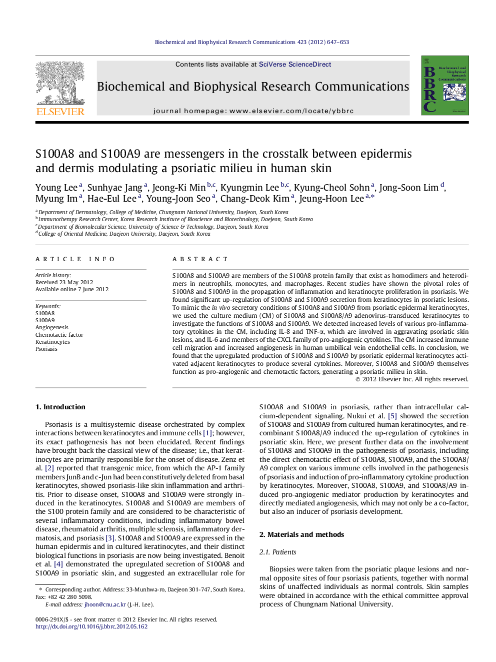 عکس صفحه اول مقاله: S100A8 and S100A9 are messengers in the crosstalk between epidermis and dermis modulating a psoriatic milieu in human skin S100A8 and S100A9 are messengers in the crosstalk between epidermis and dermis modulating a psoriatic milieu in human skin