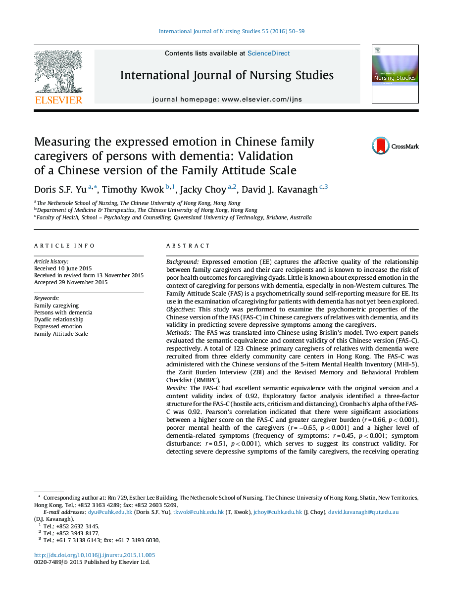 Measuring the expressed emotion in Chinese family caregivers of persons with dementia: Validation of a Chinese version of the Family Attitude Scale