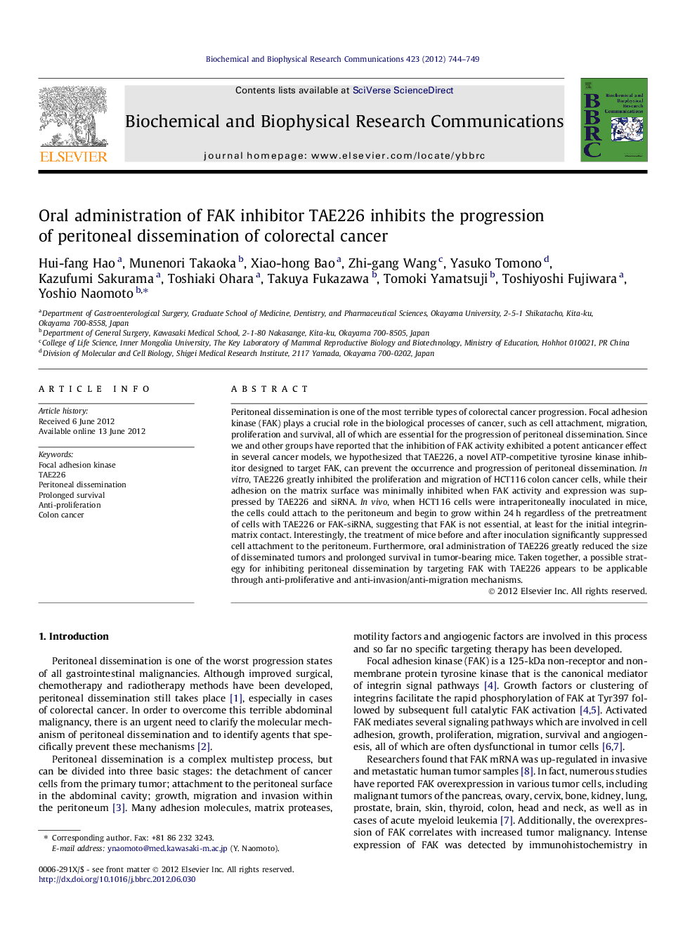 Oral administration of FAK inhibitor TAE226 inhibits the progression of peritoneal dissemination of colorectal cancer