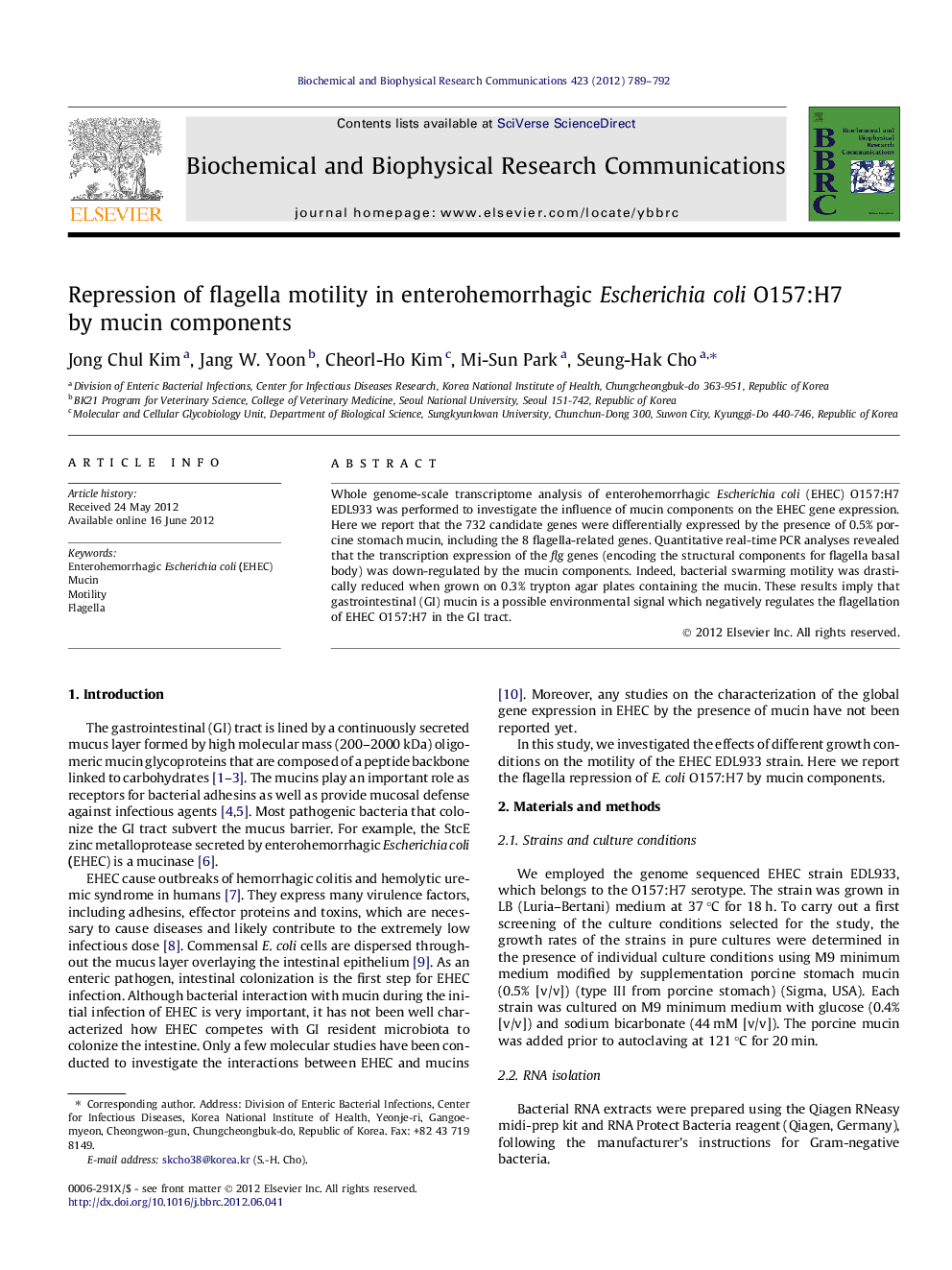 Repression of flagella motility in enterohemorrhagic Escherichia coli O157:H7 by mucin components