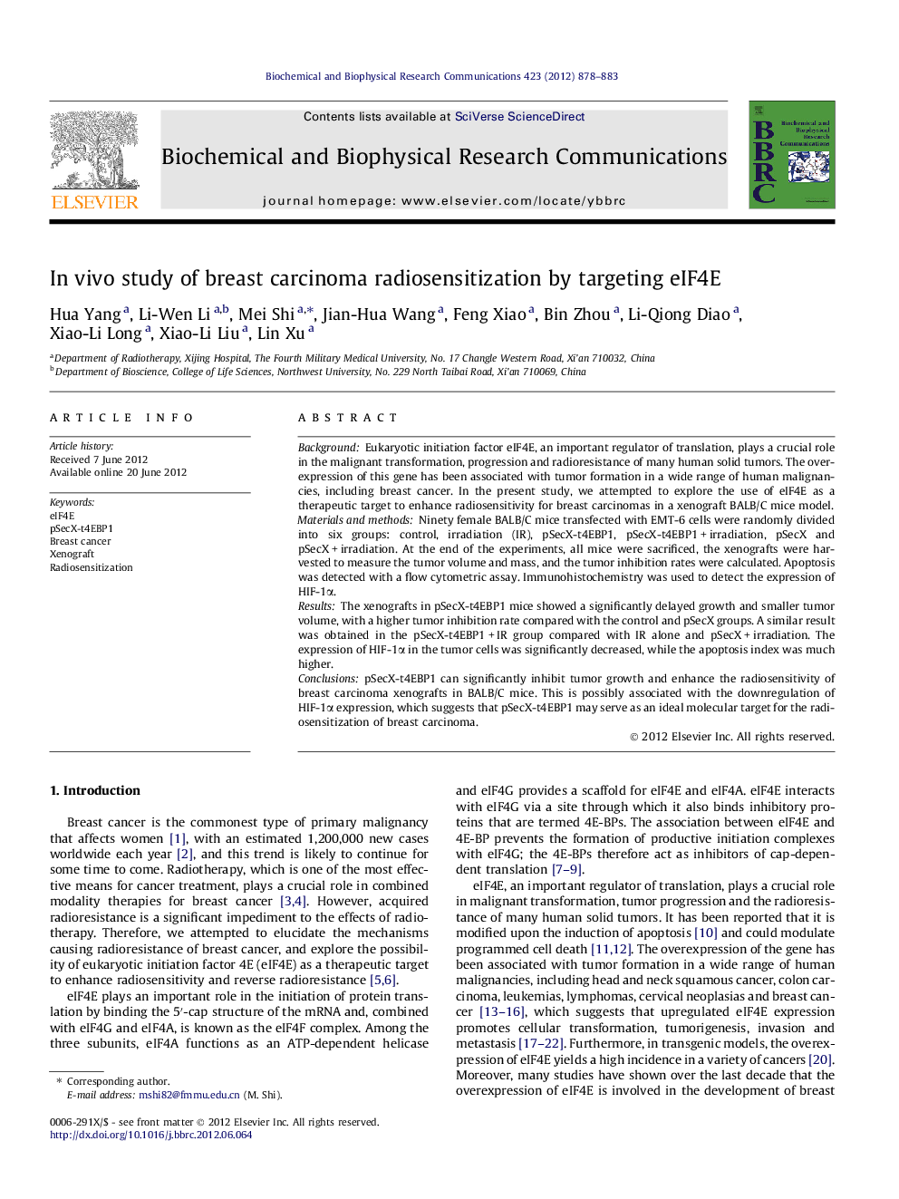 In vivo study of breast carcinoma radiosensitization by targeting eIF4E