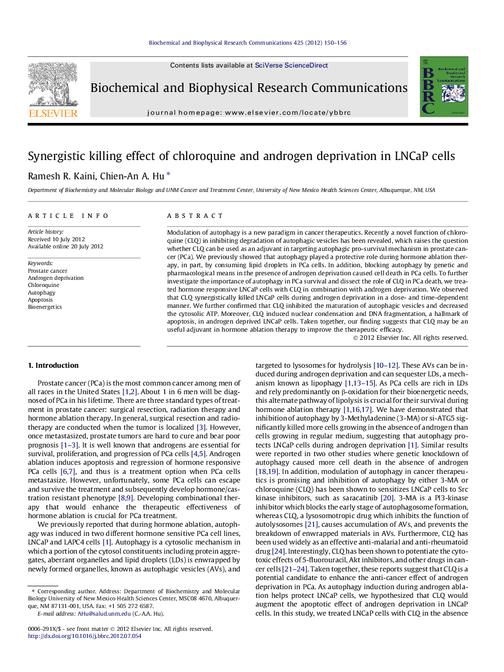 Synergistic killing effect of chloroquine and androgen deprivation in LNCaP cells