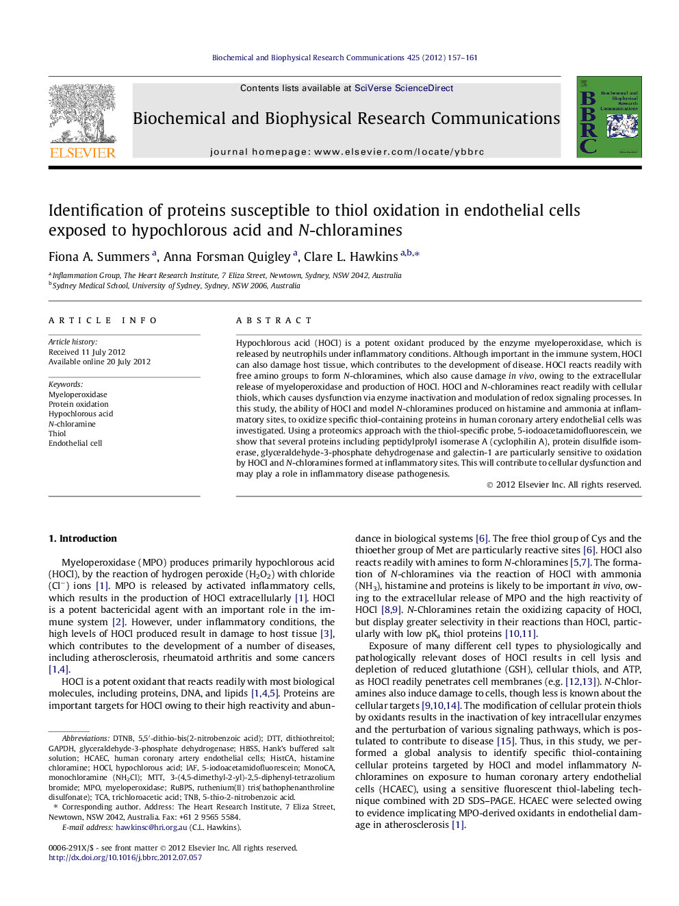 عکس صفحه اول مقاله: Identification of proteins susceptible to thiol oxidation in endothelial cells exposed to hypochlorous acid and N-chloramines Identification of proteins susceptible to thiol oxidation in endothelial cells exposed to hypochlorous acid and N-chloramines