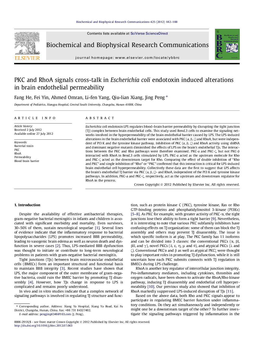 PKC and RhoA signals cross-talk in Escherichia coli endotoxin induced alterations in brain endothelial permeability